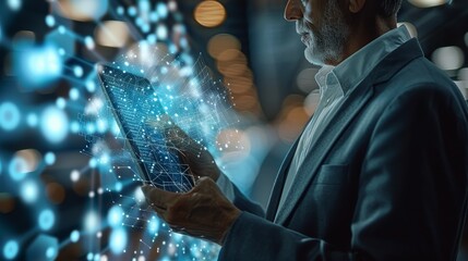 Leinwandbilder - A businessman holding a tablet and looking at a virtual blockchain network with data fields floating around him. A close up shoot of hands and tablet. Generative AI.