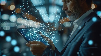 Leinwandbilder - A businessman holding a tablet and looking at a virtual blockchain network with data fields floating around him. A close up shoot of hands and tablet. Generative AI.