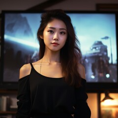 Sticker - a asian girl, smart causel wearing, livestream host in a living room