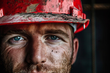 close up portrait of a mining worker or construction worker with a dirty face and a red safety helme