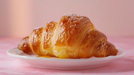 Wall Mural - A croissant with a glaze on top sits on a white plate