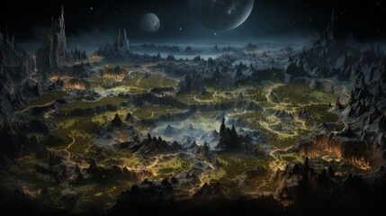 Wall Mural - a fantasy landscape with a planet in the distance