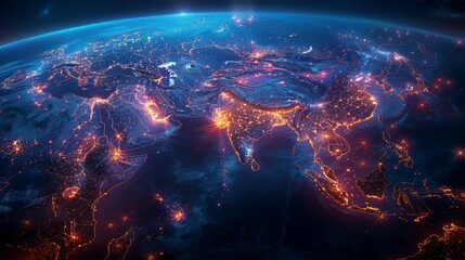 Wall Mural - a blue and orange planet with a lot of lights on it