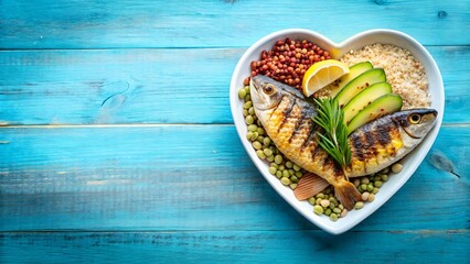 Wall Mural - Heart-Healthy Diet Concept - Grilled Fish, Whole Grains, and Fresh Vegetables - Healthy Eating Stock Image