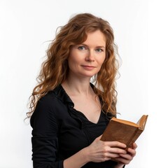 Poster - a smart woman holding a book, look at the camera, white background