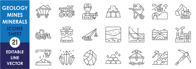 a set of line icons related to mines, minerals, and geology. mines, minerals, earth, miner, vehicles