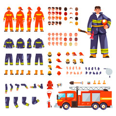 Wall Mural - Firefighter creation. Fireman character constructor kit, fire fighter man puppet animation, animated firemen body uniform avatar