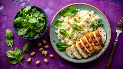 Wall Mural - Low-Carb Diet Concept - Grilled Chicken Piece and Cauliflower Rice on a Plate - Healthy Meal Stock Image