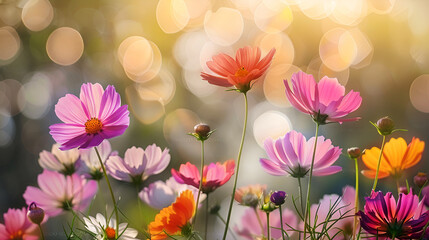 Wall Mural - Pink cosmos flowers in on a blurred background with bokeh lights. Environment concept. Copy space.