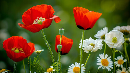Wall Mural - Red poppies and white daisies on a green blurred background. Environment concept.