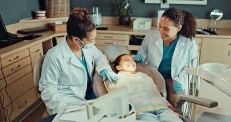 Poster - Smile, dentist and child at a doctor with teeth cleaning consultation and dental care service. Communication, discussion and kid patient with nurse support for health consulting with help and advice