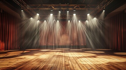 Wall Mural - elegance historical theater stage show with smoke and spotlights shine on floor in dark room, idea for background backdrop, Generative Ai	
