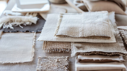 Assorted fabric swatches with different textures and neutral colors on a table, suggesting interior design material selection.