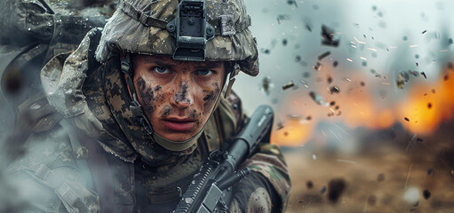 Poster - An generic soldier in full army uniform in a warfare environment. Generative AI.