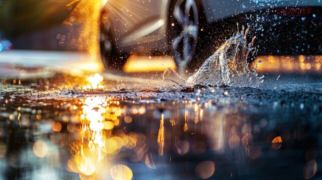 A car splashes water on the asphalt in heavy rain, closeup of wheel and splash, high speed motion blur, evening time, wet street surface, reflections, 
