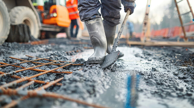 Construction worker leveling fresh concrete on a building site, with rebar grid, safety gear, and construction machinery in the background.