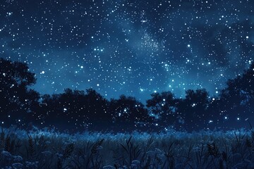 Wall Mural - Night Sky Star. Blue Dark Sky with Many Stars Shining above Field of Trees at Night