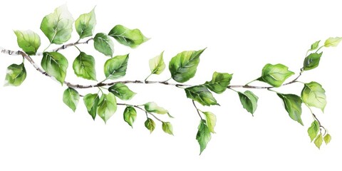 stem leaves. birch branch with green watercolor leaves illustration