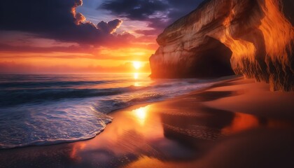 Wall Mural - A Sea Cave Beach at sunset with wet sand