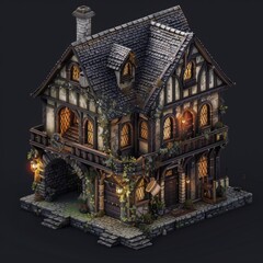 Sticker - isometric house,  floors, gothic architecture, medieval architecture isolated on black background