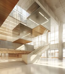 Sticker - lobby design, floating glass boxes, stair, educational building, architecture