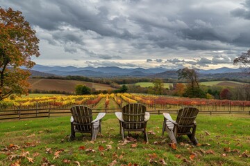 Wall Mural - House With Mountains. Empty Wooden Chairs in Colorful Autumn Foliage at Virginia Winery
