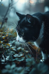 Wall Mural - A necromancer cat summoning ethereal skeletons from the ground in a dark, misty graveyard,