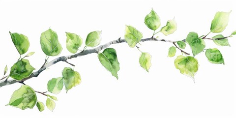 Stem Leaves. Birch Branch with Fresh Green Watercolor Leaves Illustration