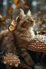 Wall Mural - A cat with butterfly wings, resting on a giant mushroom in a whimsical, fairy-tale forest,