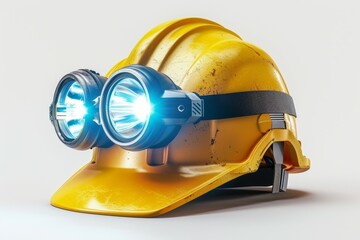 Wall Mural - A yellow construction helmet with two bright lights on the front