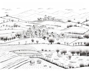 Black and white sketch of a scenic rural landscape with villages, trees, and rolling hills under the mountains.