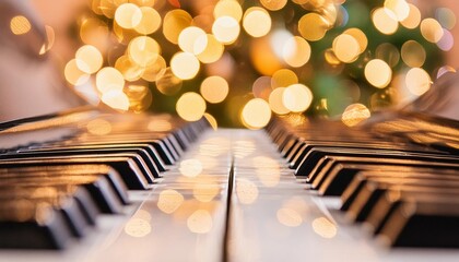 Wall Mural - close up of piano keys with golden bokeh background music concept