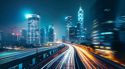 Cityscape with light trails. A vibrant cityscape at night featuring modern skyscrapers and dynamic light trails from moving vehicles, showcasing urban energy.