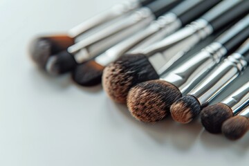 Wall Mural - A collection of makeup brushes are displayed on a white surface