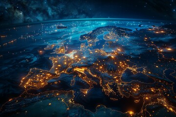 Wall Mural - a view of the earth at night with the lights of europe shining brightly