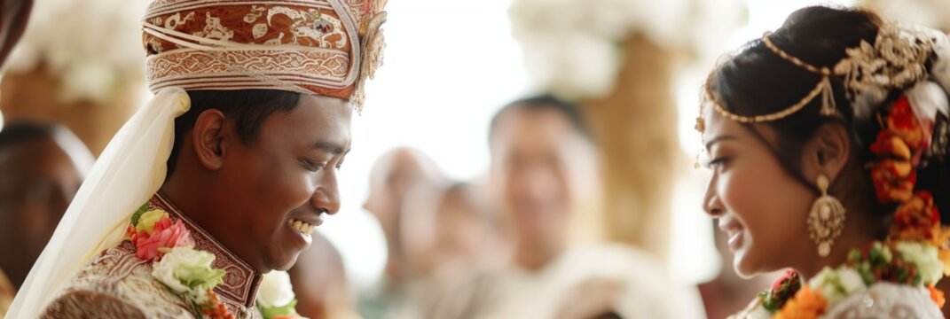 A traditional Indian bride and groom with intricate attire during a wedding ceremony