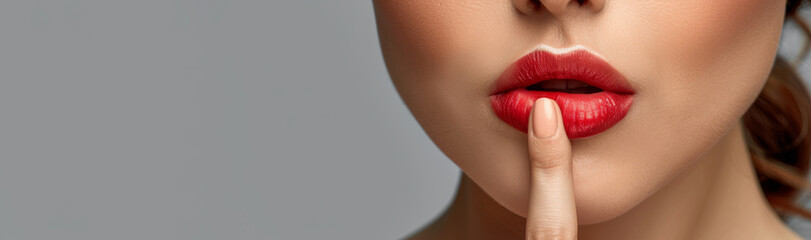 Close-up of a woman's mouth with a finger touching her teeth against a grey background, emphasizing beauty and skincare