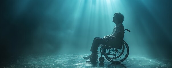 Silhouette of a person in wheelchair under spotlight