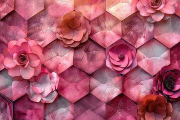 Poster - A grid of hexagons with a gradient from soft pink to dark rose, creating a gentle and romantic ambiance,