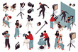 © alexdndz - Cinematography 3d isometric mega set. Collection flat isometry elements of people making movie, actor at scene stage, camcorder operators, director, dresser and makeup artist. Vector illustration.