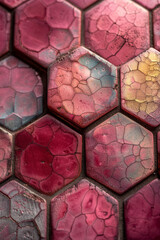 Aufkleber - A series of interlocking hexagons with gradients from soft rose to deep maroon, adding a luxurious feel,