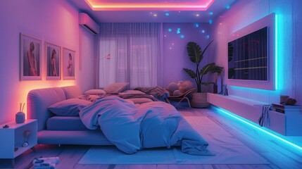 Poster - beautiful cozy luxury bedroom with led light soft glow of light it enhance the room glow for romance beautiful soft glow of yellow and pink light 