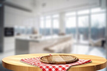 Canvas Print - Kitchen wooden table with empty tray for product