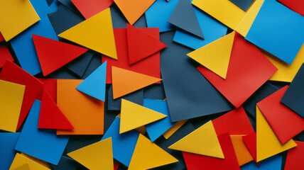 Aufkleber - A series of irregular polygons in bold primary colors, scattered on a neutral background for a striking minimalist effect,