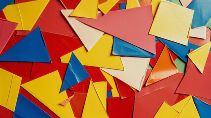 Fototapete - A series of irregular polygons in bold primary colors, scattered on a neutral background for a striking minimalist effect,