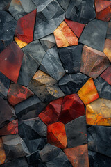 Poster - Illustration with irregular polygons in earth tones, placed seemingly randomly but creating a harmonious overall pattern,