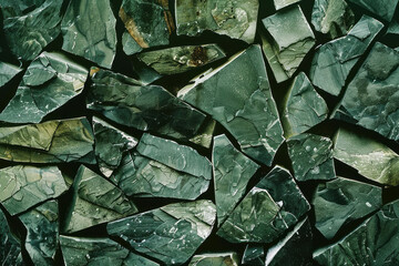 Poster - Composition of irregular polygons in varying shades of green, their chaotic arrangement creating a sense of natural balance,
