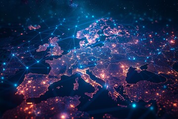 Wall Mural - a map of europe is lit up with blue and orange lights