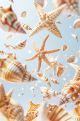 Wall Mural - Starfish and shells levitation in air over sand with sparkling particles against blue background