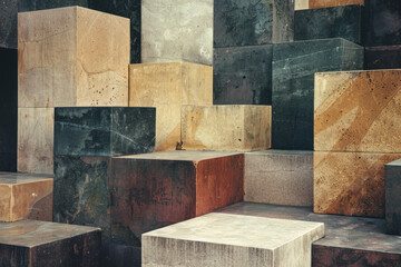 Fototapete - Artwork with oversized blocks of muted earth tones, arranged in a tiered pattern to convey depth and harmony,